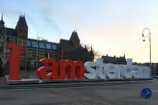 I amsterdam sign in front of the Rijksmuseum at sunrise.