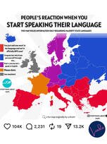 Humorous map of Europe showing reactions when travelers speak the local language, highlighting Dutch, French, German, and English responses.